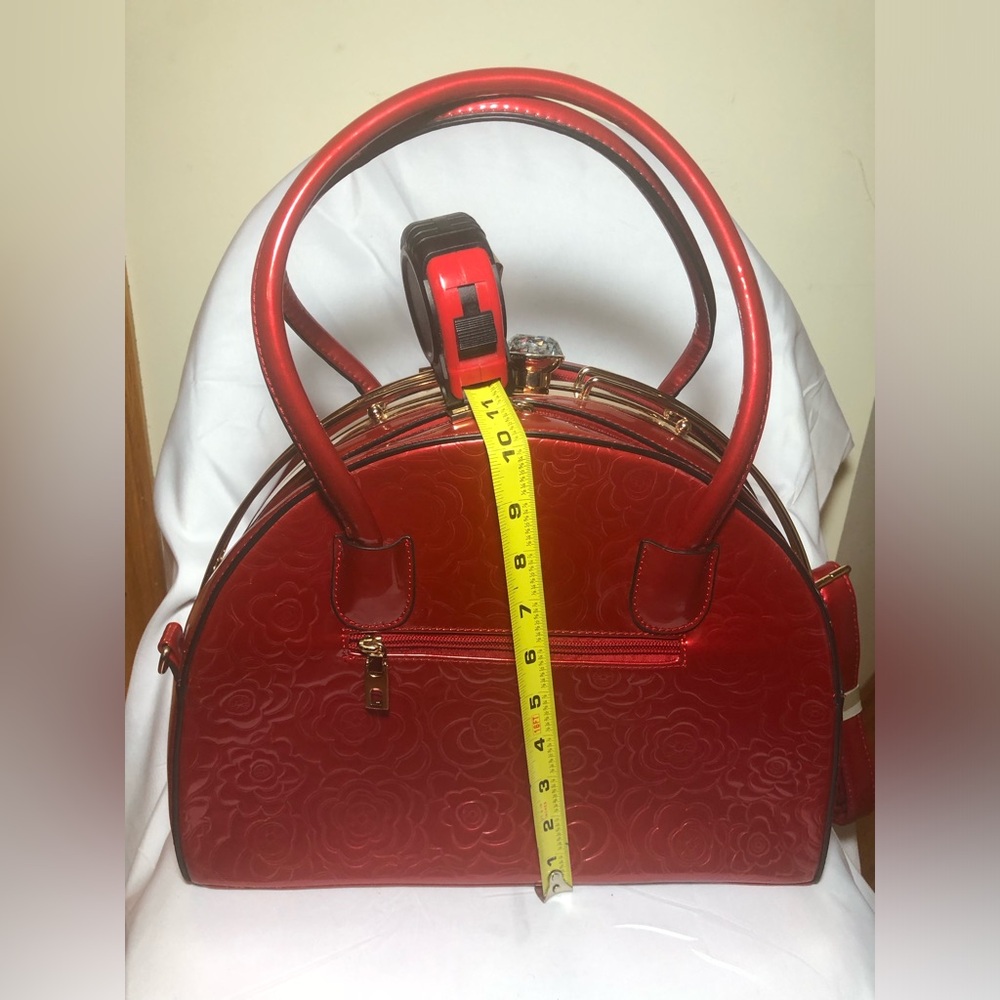 Red Floral Patent Dome Handbag with Gold Accents - Picture 5 of 8